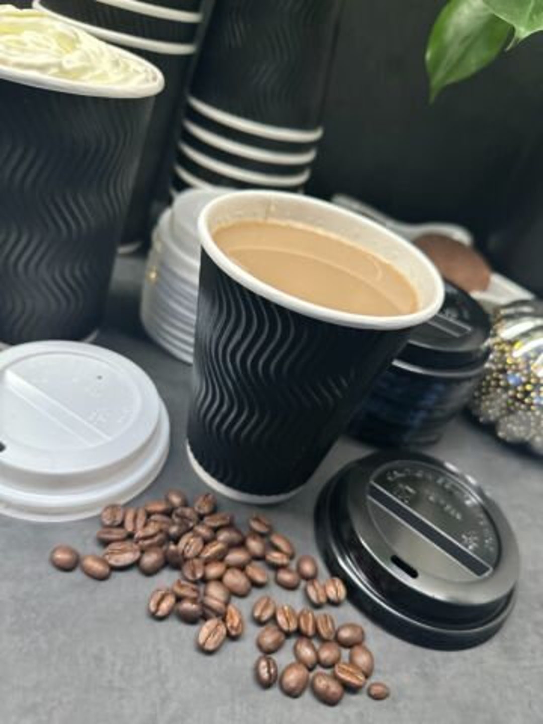8oz Disposable Kraft Ripple Cups Black White Triple Wall Paper Coffee