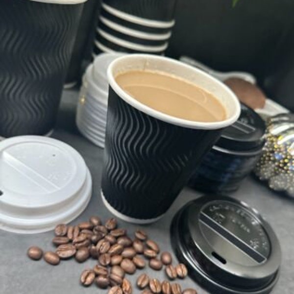 8oz Disposable Kraft Ripple Cups Black White Triple Wall Paper Coffee Cups Lids Bulk