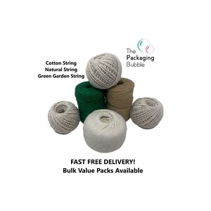 May include: Five balls of string in different colours: white, beige, green, and two shades of natural brown. The text "The Packaging Bubble" is above the balls of string. The text "Cotton String, Natural String, Green Garden String" is below the balls of string. The text "FAST FREE DELIVERY! Bulk Value Packs Available" is below the balls of string.