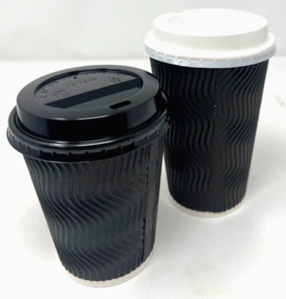 Insulated Ripple Kraft Disposable Paper Coffee Cups White lids from 4 up to  16oz