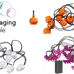 May include: Three sets of battery-operated Halloween fairy lights. One set features orange pumpkin lights, another set features white ghost lights, and the last set features purple bat lights.
