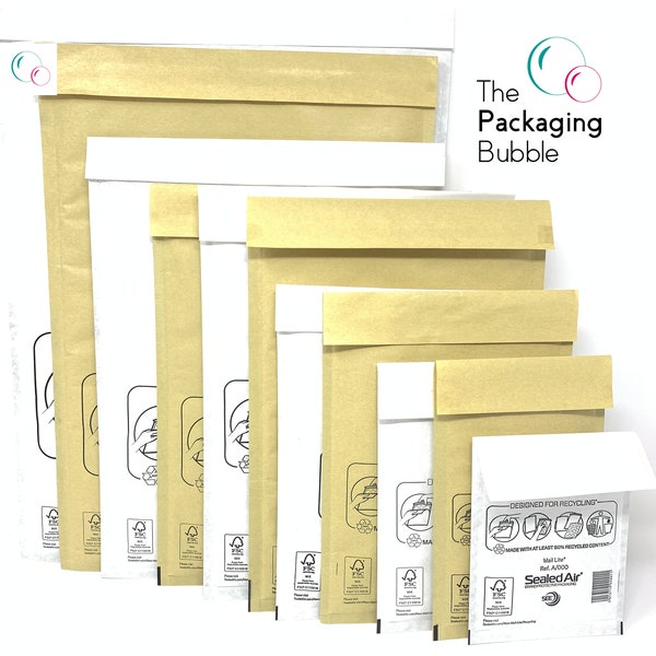 Mail Lite Padded Envelopes Bubble Mailer Bags White or Gold A000 B00 C0 D1 F3 E2 Box of 50 or 100