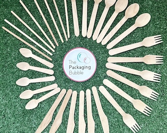 Wooden Cutlery Eco Biodegradable Knives, Forks, Spoons, Teaspoons & Stirrers