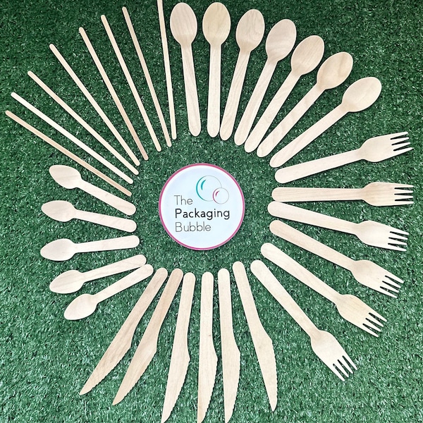 Wooden Cutlery Eco Biodegradable Knives, Forks, Spoons, Teaspoons & Stirrers