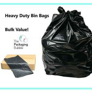 Puede incluir: Bolsas de basura negras de alta resistencia, a granel. El logotipo de The Packaging Bubble es visible en la imagen.
