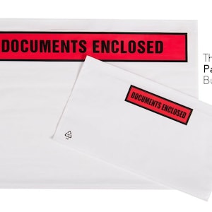 May include: Two white plastic envelopes with red and black "Documents Enclosed" labels. The envelopes are made of polypropylene and are recyclable.