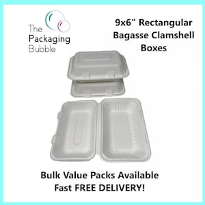Puede incluir: Tres cajas rectangulares de bagazo de 9x6 pulgadas. Las cajas están hechas de caña de azúcar y son compostables. Paquetes de valor a granel disponibles. Entrega rápida gratuita.