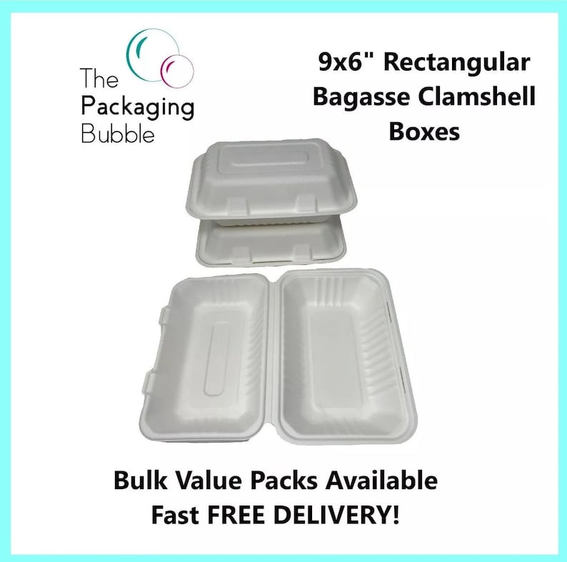 Bagasse Clamshell Boxes Takeaway Food Containers 9'' X 6" Compostable ...