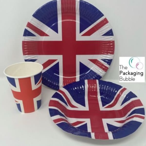 Union Jack Paper Party Tableware Kings Coronation Disposable Cups Plates Napkins Eco