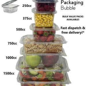 May include: A stack of clear plastic containers with lids, ranging in size from 150cc to 2000cc. The containers are filled with various foods, such as blueberries, raspberries, corn, strawberries, pasta, apples, and salad. The containers are labeled with their capacity in cubic centimeters. The text "The Packaging Bubble" is displayed in the upper right corner of the image. The text "BULK VALUE PACKS AVAILABLE!" is displayed below the company name. The text "Fast dispatch & free delivery!" is displayed below the text "BULK VALUE PACKS AVAILABLE!" The text "100% recyclable & reusable" is displayed in the lower right corner of the image.