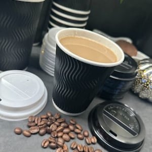 8 Ounce Disposable Paper Coffee Hot Cups with Black Lids - 50 Sets