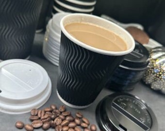 12oz - 340ml Disposable Kraft Ripple Cups Black White Triple Wall Paper Coffee Cups Lids Bulk