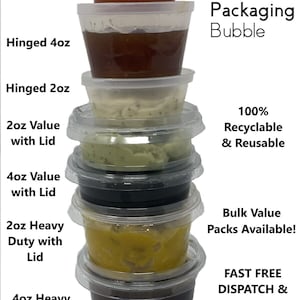 May include: A stack of clear plastic containers with lids, labeled with different sizes and types of containers. The containers are filled with various liquids and sauces. The text "The Packaging Bubble" is visible in the upper right corner of the image. The text "100% Recyclable & Reusable" is visible in the lower right corner of the image. The text "Bulk Value Packs Available!" is visible in the lower right corner of the image. The text "FAST FREE DISPATCH & FREE DELIVERY!" is visible in the lower right corner of the image.
