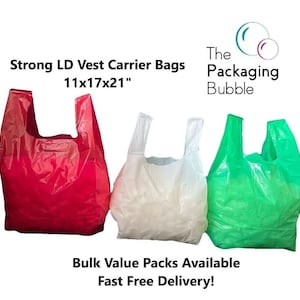 May include: Three plastic vest carrier bags in red, white, and green. The bags are 11 inches by 17 inches by 21 inches. The text "Strong LD Vest Carrier Bags 11x17x21" is at the top of the image. The text "The Packaging Bubble" is at the top right of the image. The text "Bulk Value Packs Available Fast Free Delivery!" is at the bottom of the image.