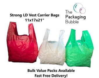 Plastic Vest Carrier Bags LD Green White Red Supermarkets Stalls Shops 11x17x21"