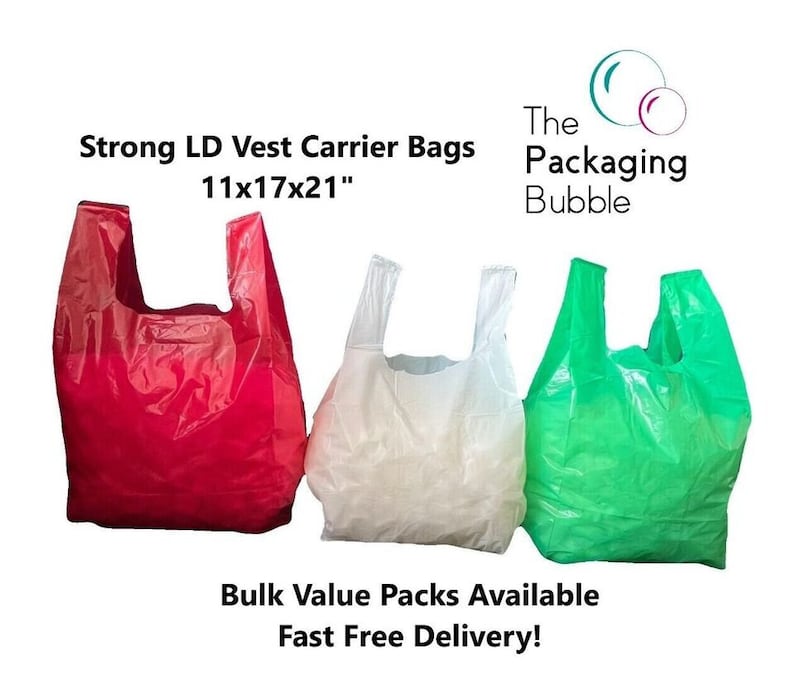 May include: Three plastic vest carrier bags in red, white, and green. The bags are 11 inches by 17 inches by 21 inches. The text "Strong LD Vest Carrier Bags 11x17x21" is at the top of the image. The text "The Packaging Bubble" is at the top right of the image. The text "Bulk Value Packs Available Fast Free Delivery!" is at the bottom of the image.