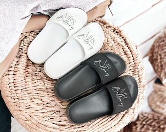 Personalised Sliders White Black Wedding Bride Honeymoon Slider Shoes Slippers Mr & Mrs Gift Slides Holiday Travel Beach Slides