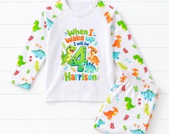 When I wake up Personalised Dinosaur Birthday Kids Pyjamas Building Gift Personalized Dino Pjs