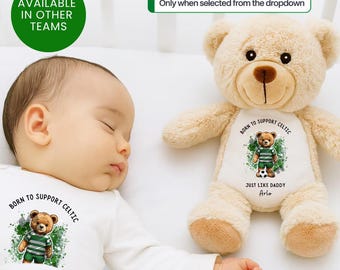 Born To Support Celtic Personalised Football Teddy Bear Bib Vest Babygrow Romper New Baby Gift