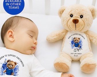 Personalised Portsmouth FC Baby Gift: Football Teddy Bear Bib Vest Romper Sets