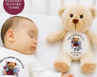 Personalised Aston Villa Baby Gift Set: Football Teddy Bear Bib Vest Romper