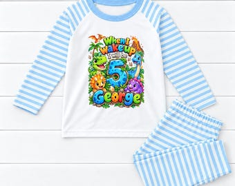 When I wake up Personalised Dinosaur Birthday Kids Pyjamas Building Gift Personalized Dino Pjs