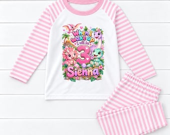 When I wake up Personalised Dinosaur Birthday Kids Pyjamas Building Gift Personalized Dino Pjs