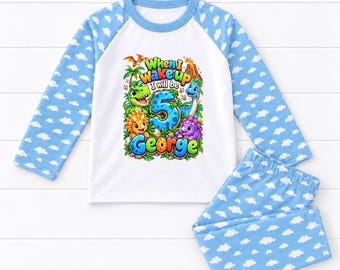 When I wake up Personalised Dinosaur Birthday Kids Pyjamas Building Gift Personalized Dino Pjs