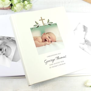 Personalised Photo Album Baptism Holy Communion Christening New Baby Natural Religious Album Keepsake Gold Cross Ideal Gift for Christening