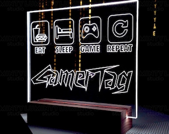 Eat Sleep Game Repeat LED Sign, Gamer Gift, Streamer Gift, Neon Sign, Personalized, Custom, Neon, LED, Room Decor,  RGB Lights, Gamer Tag
