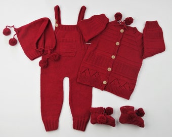 Knitted Baby Cardigan , Jumpsuit , Booties Beret Set - Baby Gift Clothes - Baby Jackets & Coats - Knitted Baby Clothes - Baby Gift