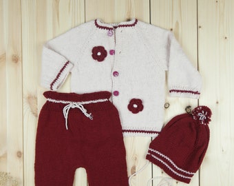 Knitted Baby cardigan,Hat and Trousers Set - Girls Clothes - Button Baby  Cardigan Sweater - Baby Sweatsuit Jumper - Baby Boys' Clothing