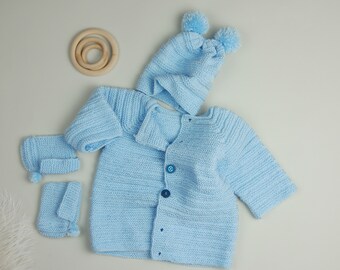 Knitted Baby cardigan,Hat and booties - Baby  Outfit - Gender Neutral Unisex Baby - Knitted Baby Clothes - 9-12 baby Clothes