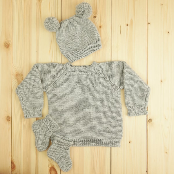 Knitted Baby Sweater, Hat and Booties Set -  Baby Gift Clothes - 0-3 baby Clothes  - Hand Knitted Baby Clothes - Baby Gift Sweater