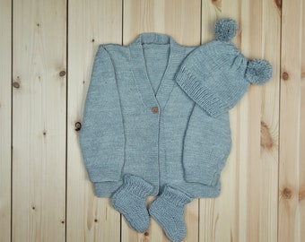 Knitted Baby Cardigan,Hat and Booties Set - Gender Neutral Unisex Baby Sweater  - Knitted Baby Clothes - Girls Clothes - Baby Gift Clothes