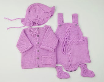 Knitted Baby Cardigan  Dungaree, Booties and Beret - Baby Cotton Cardigan - Button Cardigan Sweater Handmade Baby Clothes - 0-3 baby Clothes