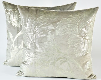 One pair - Zoffany Tadema Silver Gray Metallic Print velvet decorative designer pillow cushion cover - accent throw pillow