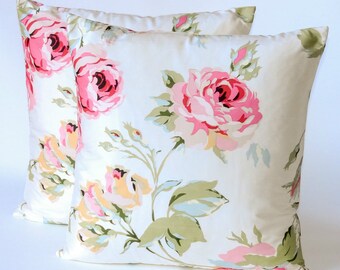 One pair - romantic French designer silk pillow cushion cover - Country Garden Roses floral silk pillow cover -pink blue accent throw pillow