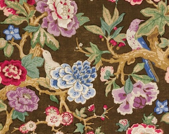 7 yards Schumacher Mary McDonald Bermuda Blossoms Cocoa Fabric - archive document birds Jacobean floral tree of life - 100% linen