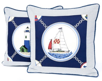 One pair - Thibaut Newport nautical designer pillow - navy blue sea side shore beach boat yacht lighthouse pillow - accent throw pillow