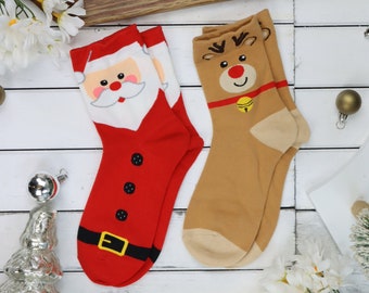 Christmas Crew Socks Set – Santa & Reindeer, Women's Winter Cotton (US 5-10)