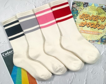Retro Stripe Crew Socks Set - 80s Style, Combed Cotton (4PK)