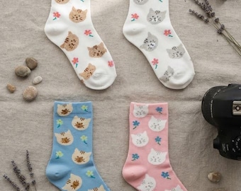 7DAYSSOCKS Women's Crew Cat Design Socks - 4 Pair Set w/ Gift Bag-Made in Korea
