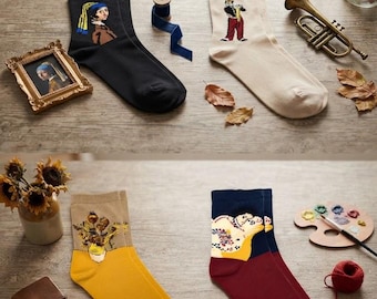Famous Painting Crew Socks – 4 Pair Set, Combed Cotton Blend (Made in Korea)