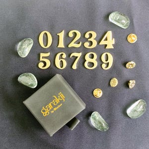 May include: Gold-colored metal number pins in a set of ten, numbered 0 through 9. The pins are arranged in two rows on a dark gray surface. The pins are accompanied by a small black box with the text "garakji by @studio" printed on the top.