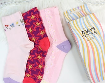 Women’s Crew Socks Set – Pink, Red Stars & Flowers, Gift Box