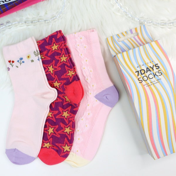 7DAYSSOCKS Women’s Crew Socks - 3 Pair Set w/ Gift Box | Variety Mix | Pink, Red Stars & Flowers
