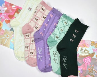 Girl Pattern Crew Socks - Korean Fashion Cotton Socks, 5 Pair