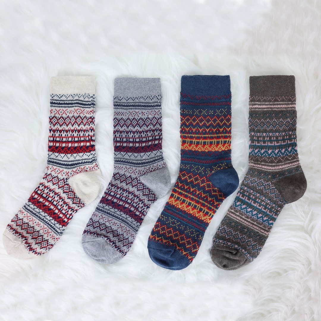 4PK Gift Set Womens Winter Thick Nordic Knit Cabin Crew Socks W/ Gift ...