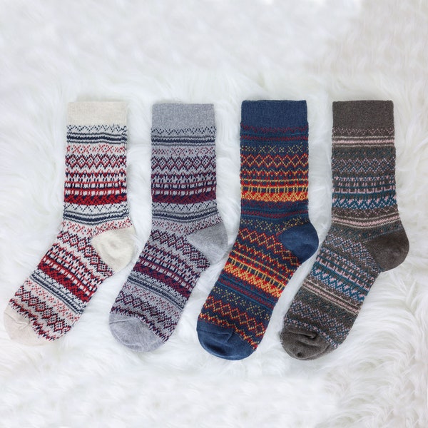 4PK Gift Set - Women’s Winter Thick Nordic Knit Cabin Crew Socks w/ Gift Box | Cozy, Vintage, Warm